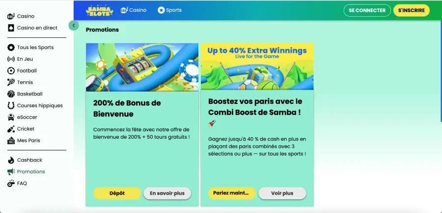 Bonus de bienvenue Samba Slots 200 % jusqu’à 7 500 €