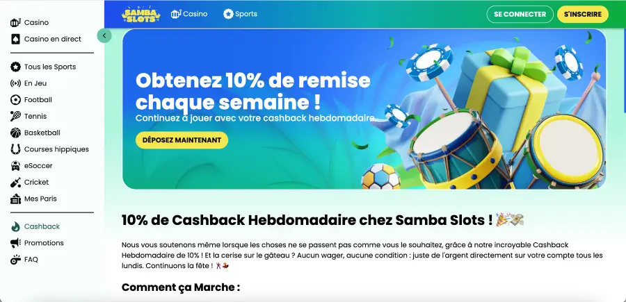 Cashback hebdomadaire 10 % proposé par Samba Slots bonus