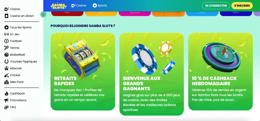 Connexion mobile au casino Samba Slots sur smartphone