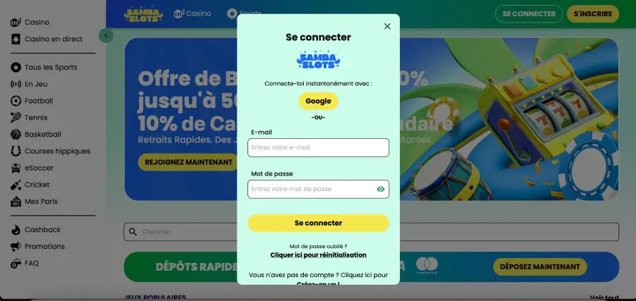 Page officielle de connexion au casino Samba Slots
