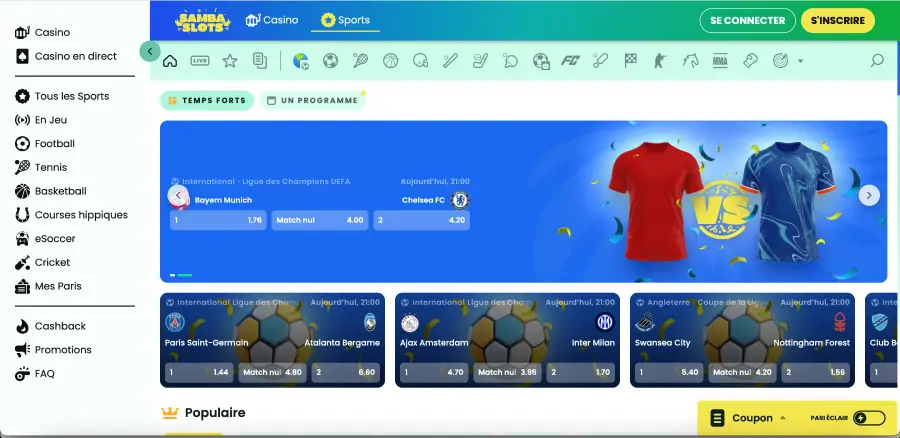 Section football des paris sportifs Samba Slots avec cotes 1X2 Section football des paris sportifs Samba Slots avec cotes 1X2